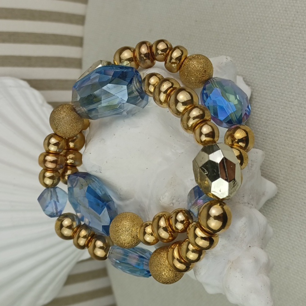 Gold Tone & Faceted Aqua Blue Beaded Stretch Bracelet Duo LIKE NEW!